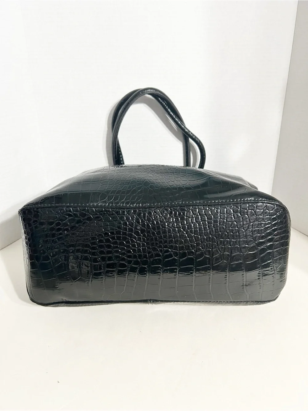 Anne Klein Black Crocodile Embossed Tote Bag Gold Lion Logo Structured Work Bag